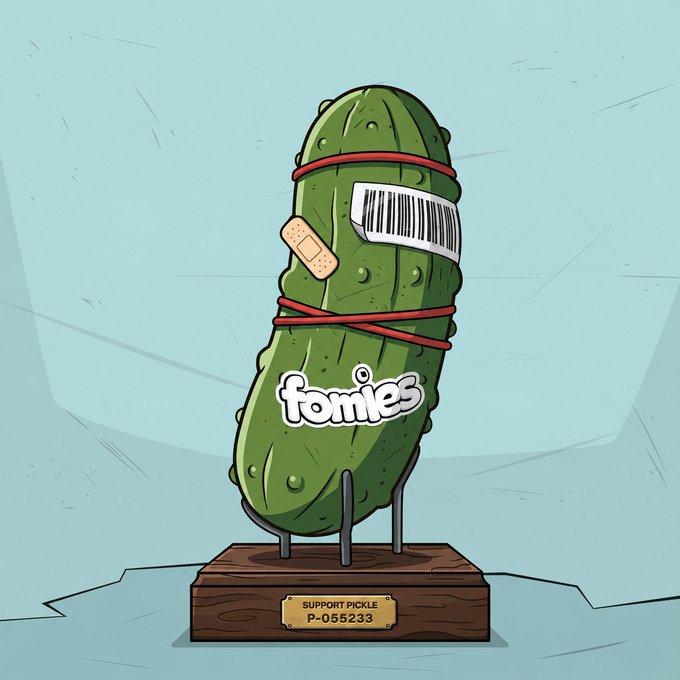 A cartoon illustration of a pickle character with bandages, a barcode, and 'fomies' branding standing on a wooden base labeled 'SUPPORT PICKLE P-055233' against a teal background.