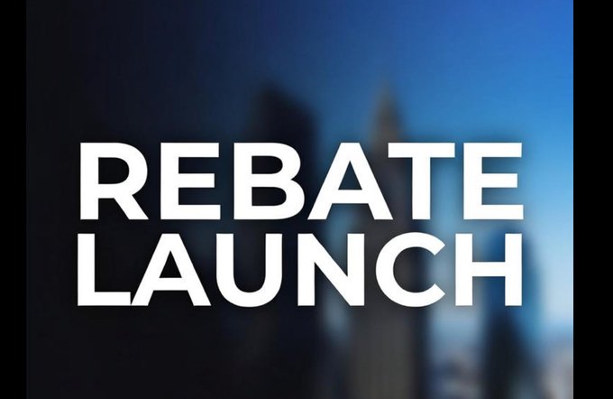 A graphic with bold white text reading 'REBATE LAUNCH' overlaid on a blurred dark blue cityscape background.