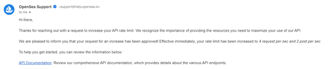 The image shows an email from OpenSea Support confirming the approval of an API rate limit increase to 4 requests per second and 2 posts per second, with a link to API documentation. This relates to the post as the user expressed surprise that their request was approved, showcasing the email as proof of OpenSea's responsiveness.