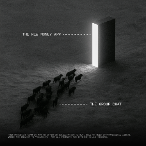 A monochromatic scene shows a herd of cattle walking through darkness toward a single illuminated door, with the text "THE NEW MONEY APP" above the door and "THE GROUP CHAT" labeling the cattle, while a disclaimer at the bottom notes that "this message comes as not an offer or solicitation to buy, sell, or use anycrypto/digital assets." The image metaphorically illustrates the accompanying post by depicting how herd mentality and group chat hype drive investors toward crypto trading on OKX, contrasting the herd's blind following with a clear path to opportunity.