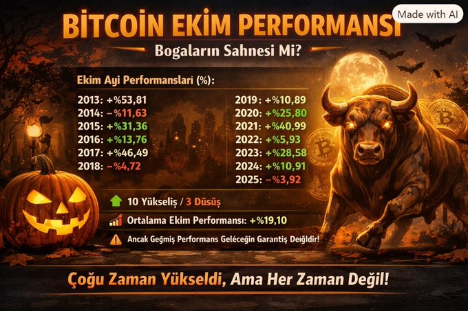 A Halloween-themed infographic titled "BİTCOİN EKİM PERFORMANSI" (Bitcoin October Performance) with the subtitle "Boğaların Sahnesi Mi?" (Is it the Bulls' Stage?), displaying Bitcoin's yearly October returns from 2013-2025 with an average gain of +19.10% across 10 rises and 3 declines, accompanied by a charging bull, jack-o'-lantern, and full moon imagery—matching the post's data on Bitcoin's historically bullish October performance.