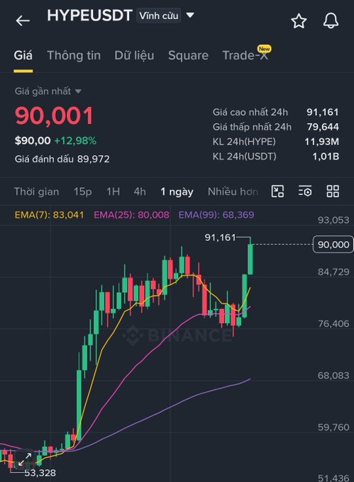 Binance trading chart for the HYPE/USDT pair showing a price of $90,001 with a +12.98% gain, a 24h high of $91,161, and 1.01B USDT in 24h volume.