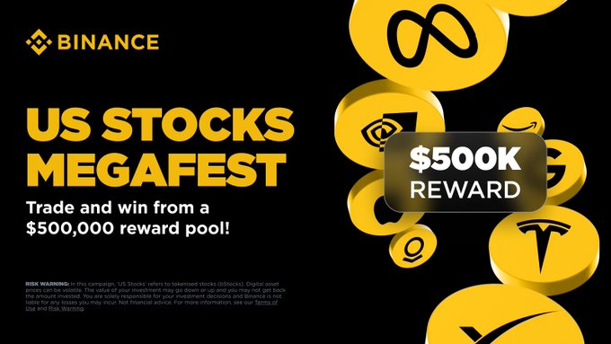 A Binance promotional banner advertises a "US Stocks MegaFest" featuring a $500,000 reward pool, with illustrations of yellow coin-like tokens displaying logos of major companies like Meta and Tesla, reinforcing the post's call for users to trade US stocks and compete for their share of the prize pool.
