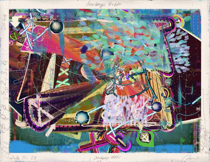 Abstract, colorful painting titled 'Garbage Brain' dated 'July 15. 26', featuring a chaotic mix of textures, neon lines, and mixed-media elements over a watercolor-style background.