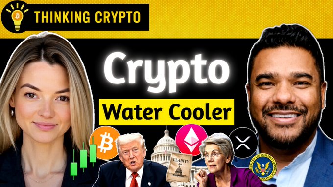 The image is a thumbnail for a "Thinking Crypto" YouTube video titled "Crypto Water Cooler," featuring hosts Tony and Amanda alongside images of Donald Trump holding a "CLARITY Act" document, Senator Elizabeth Warren, and cryptocurrency logos including Bitcoin (BTC) and Ethereum (ETH), as well as a US presidential seal. The post's discussion of the failed CLARITY Act vote and crypto regulation directly ties into the visual elements shown in the thumbnail.