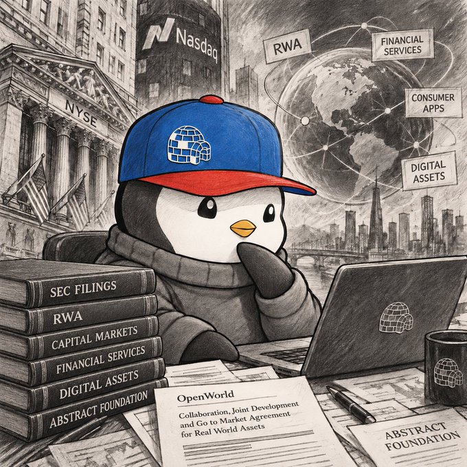 An illustration of a penguin wearing a blue cap, surrounded by stacked books labeled 'SEC FILINGS', 'RWA', 'CAPITAL MARKETS', 'FINANCIAL SERVICES', 'DIGITAL ASSETS', and 'ABSTRACT FOUNDATION', with a Nasdaq/NYSE backdrop and a document titled 'OpenWorld Collaboration, Joint Development and Go to Market Agreement for Real World Assets'.