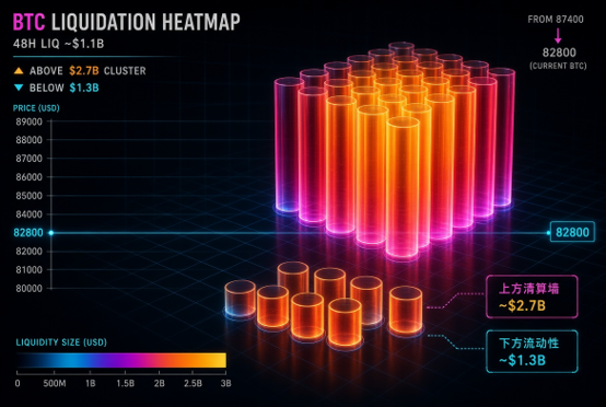 A BTC Liquidation Heatmap chart showing 48H LIQ of $1.1B, with an 'ABOVE $2.7B CLUSTER' and 'BELOW $1.3B', displaying the current BTC price moved from $7400 to 82800, with Chinese text labels for upper and lower liquidation clusters.