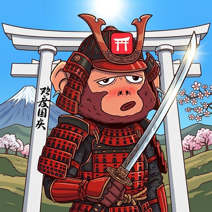 Illustration of a monkey dressed in red samurai armor holding a katana, standing before a torii gate with Mount Fuji and cherry blossoms in the background, with Chinese characters '忍者国庆' and a red stamp with '开'.