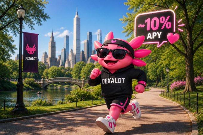 A pink mascot character wearing sunglasses and a 'DEXALOT' hoodie runs through a park, with a speech bubble advertising '~10% APY' and a DEXALOT banner visible in the background.