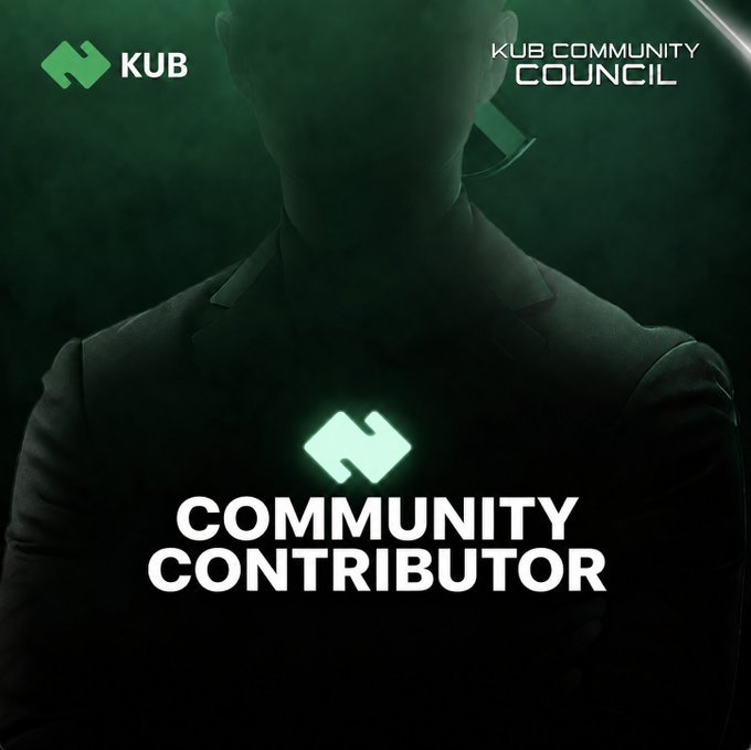 A dark green promotional graphic for the KUB Community Council featuring a silhouetted figure. The text reads 'COMMUNITY CONTRIBUTOR' below a glowing KUB logo.