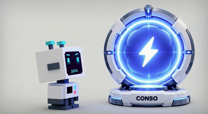 A 3D rendered graphic featuring a small white robot with blue accents standing next to a glowing blue energy sphere with a lightning bolt, labeled 'CONSO' on its base.