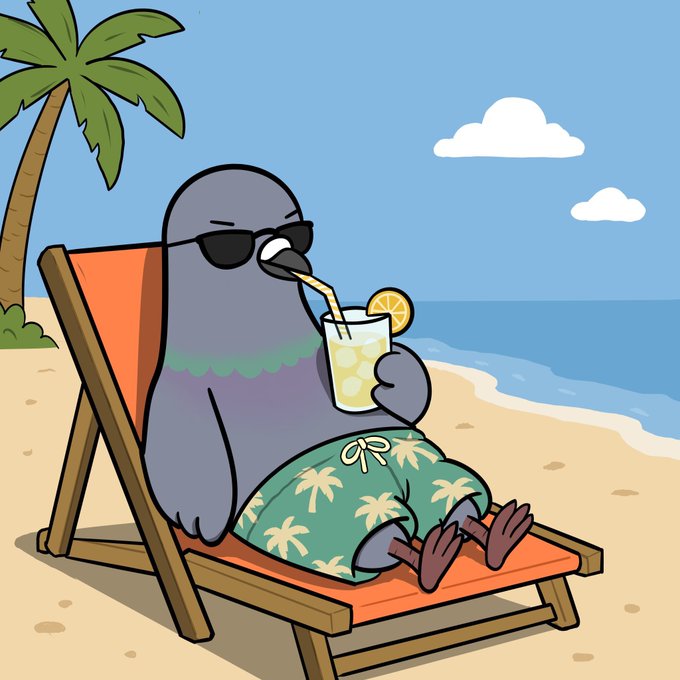 A cartoon pigeon wearing sunglasses and palm tree-patterned shorts relaxes on a beach chair with a tropical drink.