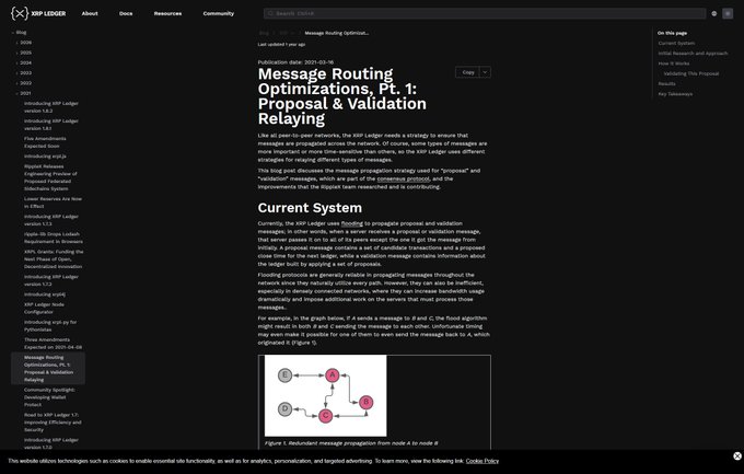 The image shows a webpage from the XRP Ledger documentation titled "Message Routing Optimizations, Pt. 1: Proposal & Validation Relaying," which details how the XRP Ledger's peer-to-peer network implements squelching protocols to reduce redundant validation traffic between nodes, including a diagram illustrating a redundant message propagation cycle.