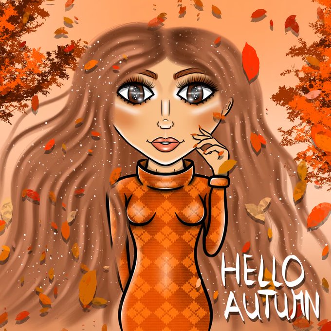 A stylized illustration of a woman with long flowing brown hair wearing an orange argyle sweater, surrounded by autumn leaves with the text "HELLO AUTUMN" in the corner.