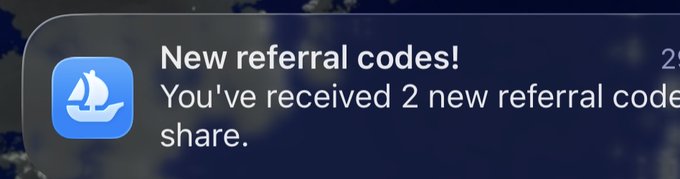 A mobile app notification banner with a blue sailboat logo reading 'New referral codes! You've received 2 new referral codes to share.'