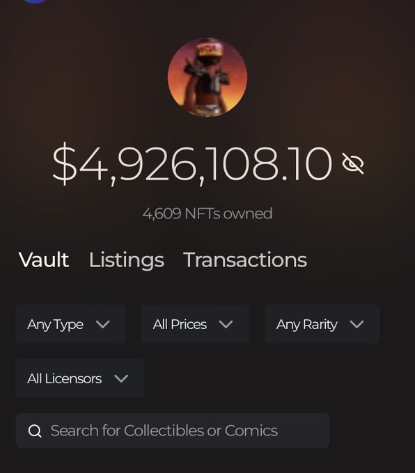 A screenshot of a digital NFT vault interface displaying a balance of $4,926,108.10, with 4,609 NFTs owned, and tabs for 'Vault,' 'Listings,' and 'Transactions' alongside filter dropdowns for Type, Price, Rarity, and Licensors.