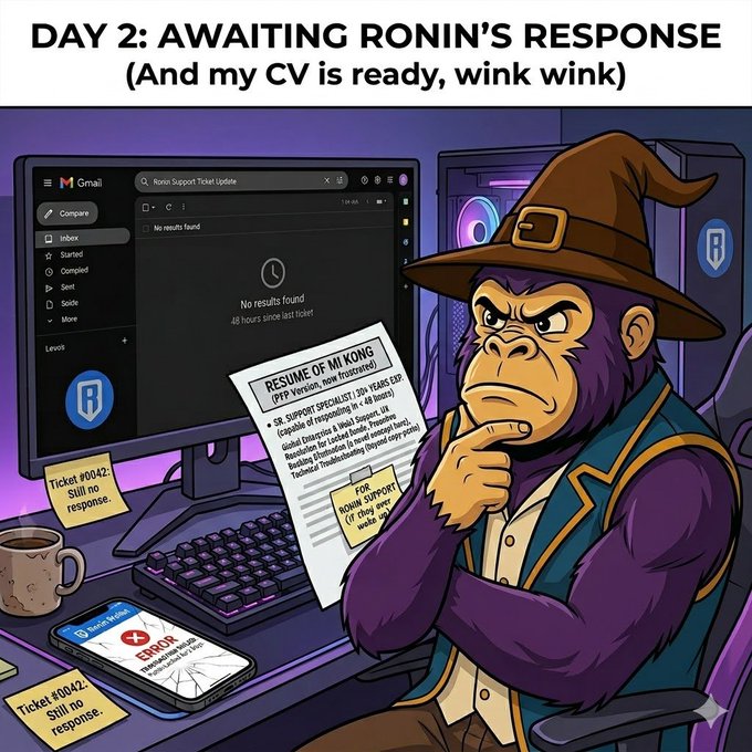 The image features a cartoon monkey sitting at a desk with a computer monitor, keyboard, and mouse. The monkey appears to be deep in thought while looking at a piece of paper or a document on the computer screen. The background shows a purple wall with a TV mounted above it. In the bottom right corner of the image, there is text that reads "Day 2: Awaiting Ronin's response (And my CV is ready, wink wink)".