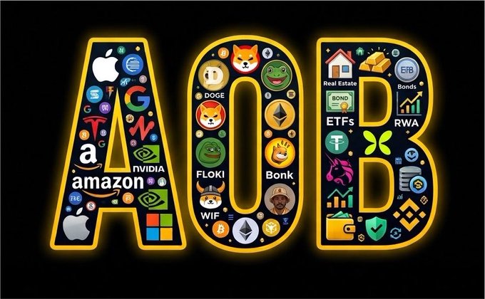 The letters 'AOB' are illuminated in yellow against a black background, filled with various logos including Apple, Google, Amazon, NVIDIA, DOGE, FLOKI, WIF, Bonk, ETH, Binance, and RWA.