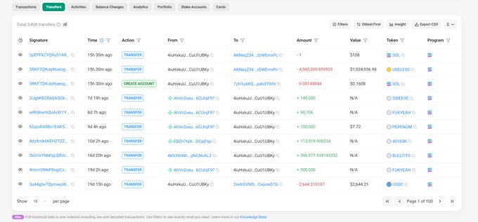 A blockchain transaction history screen showing 3,909 transfers with several large-value outgoing transactions, including a notable -6,045,389.859902 token transfer to address "ANvmz234...zUd6mphc" valued at $120,4396.98 USD, alongside other suspicious transfers of USDC, SOL, BEDROCK, PERENNIAL, SODEX, and BULLISH tokens that visually corroborate the post's account of being "drained of over 300 million."