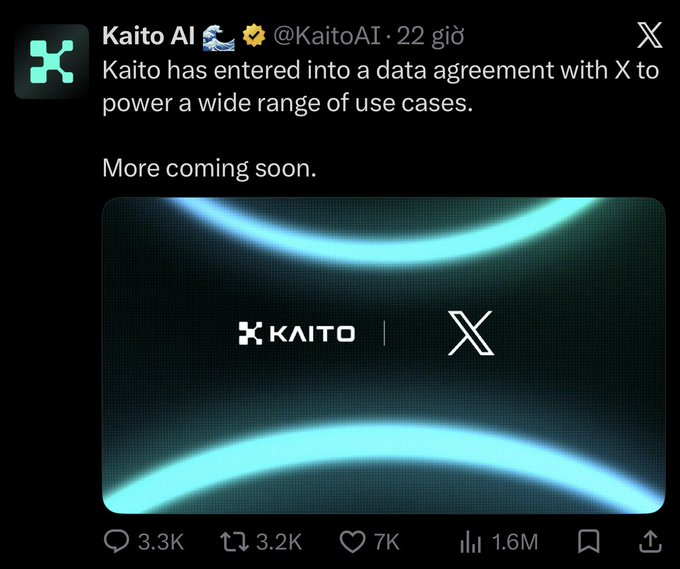 A tweet from @KaitoAI announces a data agreement with X, featuring logos for Kaito and X against a glowing blue-green background.