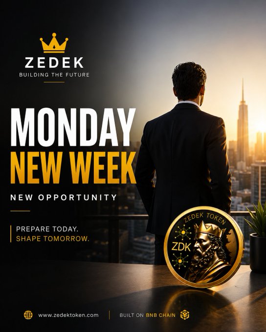 A promotional graphic for 'ZEDEK' cryptocurrency token features a businessman overlooking a city skyline, with text 'MONDAY NEW WEEK' and 'NEW OPPORTUNITY', and notes it is 'BUILT ON BNB CHAIN'.