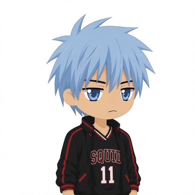 The image shows a chibi-style anime character with spiky light blue hair and a serious expression, wearing a black and red varsity jacket with "SQUID 11" printed on the front. The "SQUID 11" jersey relates to the "Good night CT" caption, suggesting the character is part of the Koro-sensei Squad from Assassination Classroom, likely representing a student with that identifier.