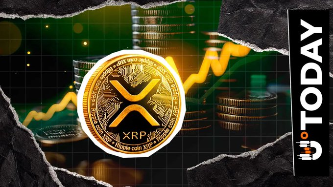 A golden XRP coin sits prominently against a backdrop of stacked coins and an upward-trending price chart, with a "U·TODAY" watermark on the right side. The image visually reinforces the post's breaking XRP Ledger statistics, including the 32.445 billion XRP held in escrow and 67.526 billion circulating supply.