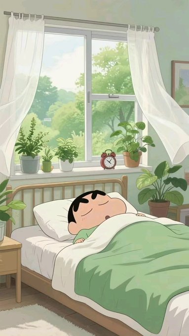 An anime-style illustration of a boy sleeping peacefully in a cozy bed beneath a window with potted plants, curtains, and a small red clock.