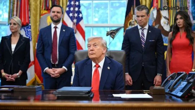 Former President Donald Trump is pictured with others in the Oval Office, likely during a bill signing event related to the CLARITY Act, which missed its July 4th deadline and now faces an August 7th deadline.