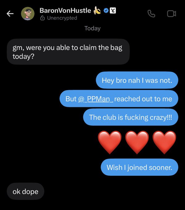 A screenshot of an Instagram DM conversation with "BaronVonHustle" discussing Bored Ape Yacht Club (BAYC), where the sender excitedly mentions that "@_PPMan_" reached out to them and expresses enthusiasm about the club, saying "Wish I joined sooner," which the receiver responds to with "ok dope." The exchange illustrates the post's point about BAYC's strong community engagement and brand representation, as evidenced by direct outreach to members.