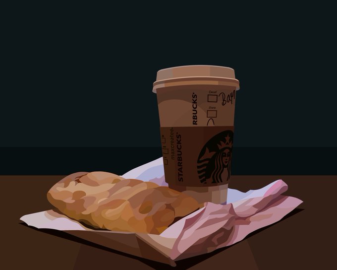 A digital illustration depicting a Starbucks coffee cup with the iconic mermaid logo alongside a glazed donut resting in a paper wrapper.