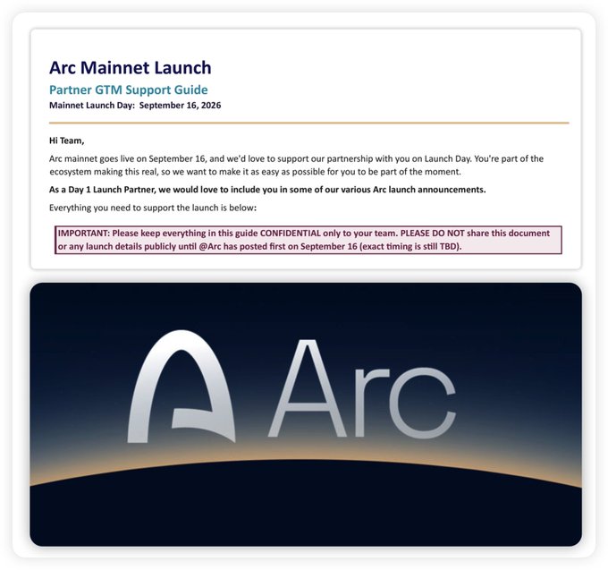 The image shows a confidential "Arc Mainnet Launch" Partner GTM Support Guide from Circle, announcing a mainnet launch on September 16, 2026, along with the Arc logo displayed below. This relates to the accompanying post by hinting at an imminent coordinated industry-wide publicity push for Circle's new Arc blockchain, with the launch date likely approaching and partners being briefed behind the scenes.