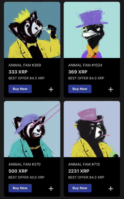 A digital marketplace displays four anthropomorphic animal portraits from the "ANIMAL FAM" NFT collection (#269, #1024, #270, and #715) listed for sale in XRP, with prices ranging from 333 XRP to 2231 XRP. The illustrated bears and birds dressed in colorful attire like hats and suits embody the animated animal theme, reinforcing the post's claim that animated characters are the "end game."