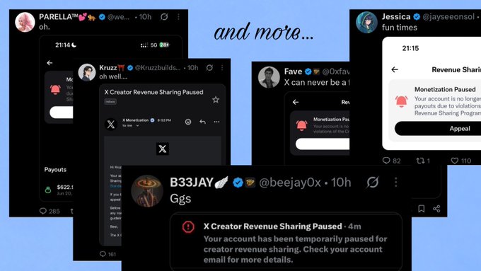 A collage of tweets about 'X Creator Revenue Sharing Paused' notifications from users including PARELLX, Kruzz, Fave, Jessica, and B33JAY.