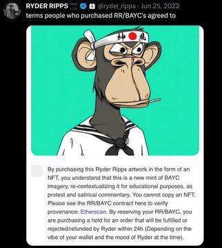 A cartoon monkey parody wearing a headband reading "BAYC" is displayed as an NFT artwork by Ryder Ripps, with visible text referencing a BAYC/RR/BAYC contract and warnings about copying and provenance. The image relates to the post by depicting the Ryder Ripps (RR/BAYC) parody NFT that Jeremy Cahen (0xPauly) helped promote as alleged evidence of BAYC using Nazi symbols and racist imagery.