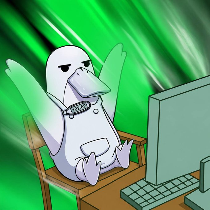 A cartoon illustration of an anthropomorphic white duck wearing a collar labeled '102.6F,' sitting in a chair at a computer desk against a dynamic green streaked background.