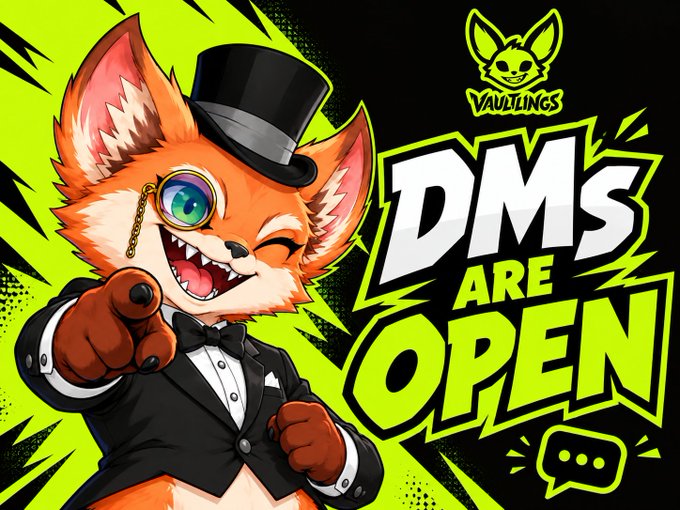 A promotional graphic featuring a cartoon fox in a top hat and monocle with the text 'DMs ARE OPEN' and 'VAULTLINGS' logo.