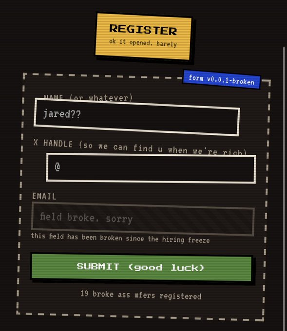 A humorous, retro-style "broken" online registration form with a yellow sticky note titled "REGISTER" and a blue tag labeled "form v0.0.1-broken," showing fields for "NAME" filled with "jared??", "X HANDLE" with "@", and a disabled "EMAIL" field that says "field broke. sorry".
