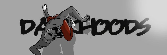 Animated cartoon character in red shirt doing a handstand pose with graffiti-style text reading 'DA HOODS' in the background.