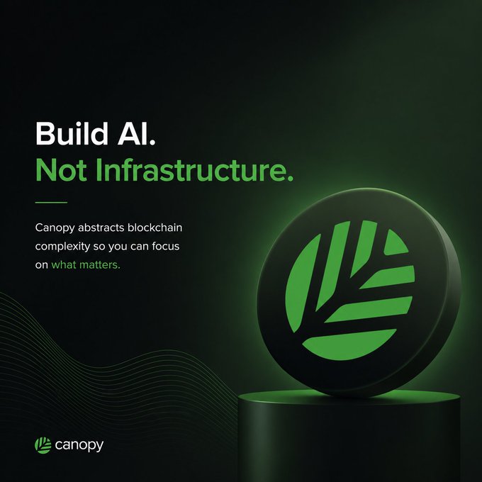 An advertisement with the text 'Build AI. Not Infrastructure. Canopy abstracts blockchain complexity so you can focus on what matters' next to a green circular leaf logo, branded 'canopy'.