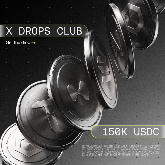 Promotional graphic for the "X DROPS CLUB" featuring metallic coins cascading diagonally across a dark background, highlighting a 150K USDC prize pool to promote a new X Drops basket trading competition across cryptocurrencies including $CP, $SOL, $ZEC, $SUI, $HYPE, $LINK, $TAO, $ARB, $UNI, and $NEAR, with a 3x multiplier on $CP trades available exclusively to eligible EEA users.