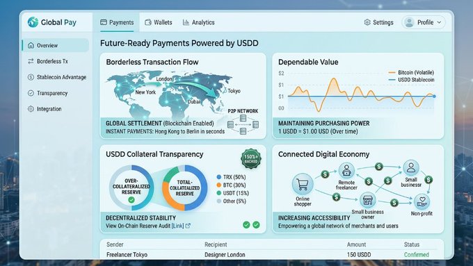 A "Global Pay" dashboard with tabs for Payments, Wallets, and Analytics, featuring "Future-Ready Payments Powered by USDD," showing a transaction flow map, USDD Stablecoin value chart, and a completed freelancer-to-designer payment of 150 USDD.