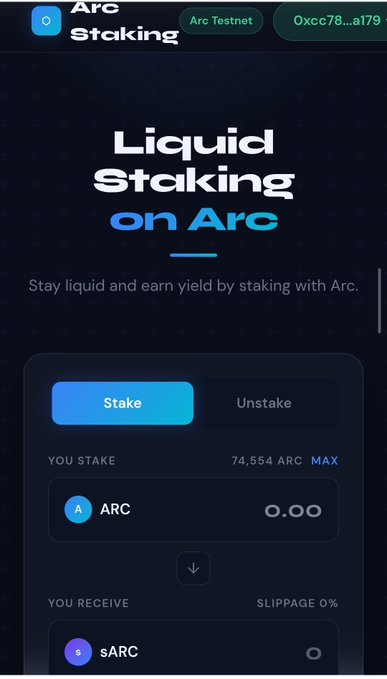 The image shows a phone screen displaying a webpage for liquid staking on Arc Network, which has a blue background with white text. The main content of the page is about the community liquid staking protocol called "ARC" that allows users to earn passive points by holding onto long-term stakers in the leaderboard. The post also mentions that there are two projects listed: one being SARC and another being arc network.