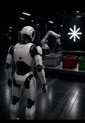 A humanoid robot stands in an industrial setting while another robotic arm places a white asterisk symbol onto a black surface.