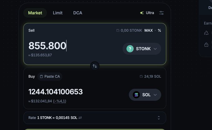A cryptocurrency exchange interface showing a swap from 855.800 STONK (~$135,653.87) to 1244.104100653 SOL (~$132,041.84, -4.1%), with an exchange rate of 1 STONK = 0,00145 SOL.