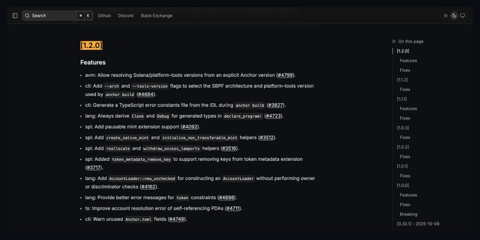 A dark-themed documentation page displays the '1.2.0' release notes for a project, listing various features and fixes in a structured format.