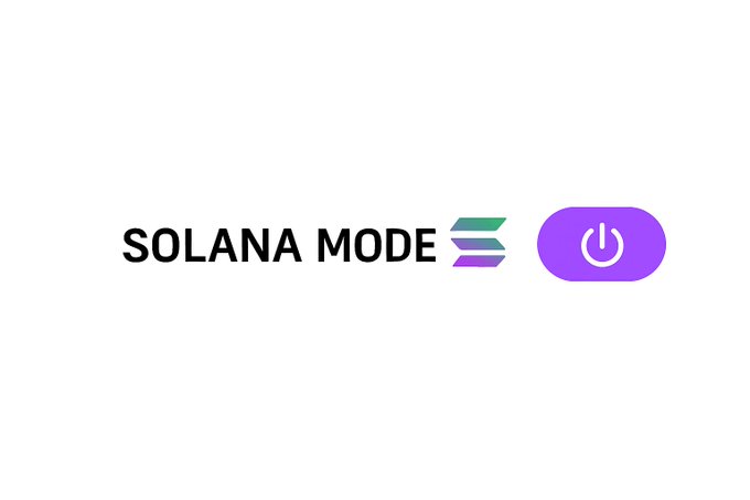 A logo graphic reading 'SOLANA MODE' alongside a purple power button toggle icon on a white background.