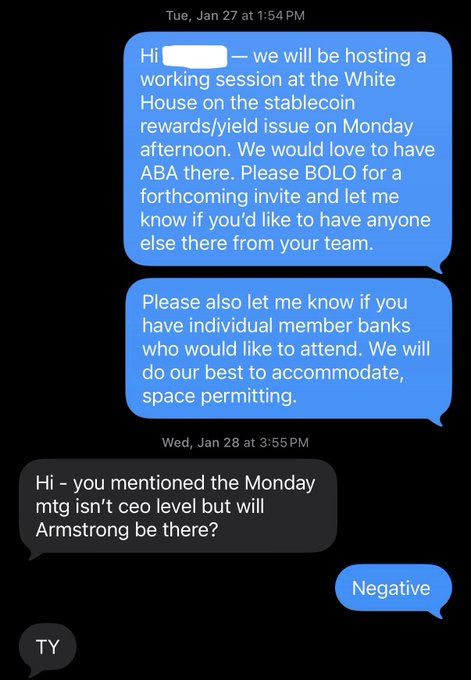 A text message exchange shows a host inviting the American Bankers Association (ABA) to a White House working session on stablecoin rewards, with the recipient asking if CEO Armstrong would attend and being told "Negative." The conversation relates to the broader context of banking industry representation during stablecoin yield negotiations, as ABA and ICBA were present at White House discussions on the issue.