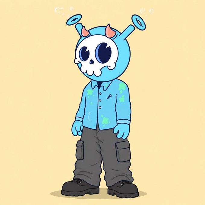 A cartoon character with a blue helmet featuring a white skull design, small red horns, and halo-like antennae wears a paint-splattered blue shirt and cargo pants.