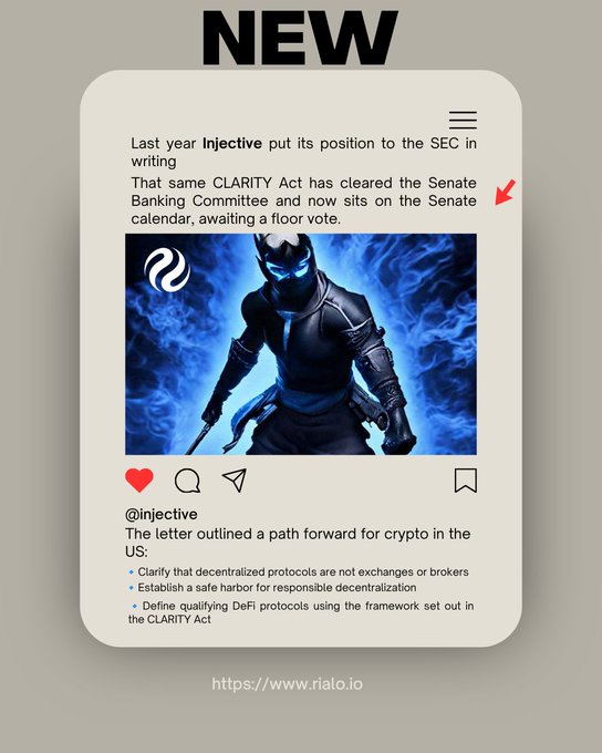 A promotional graphic featuring a stylized ninja character framed by a social media post from @injective, announcing that the CLARITY Act has cleared the Senate Banking Committee and now awaits a Senate floor vote. The post highlights Injective's earlier SEC position and outlines key crypto regulatory points, aligning with the caption's message about Injective's proactive push toward US DeFi supremacy.